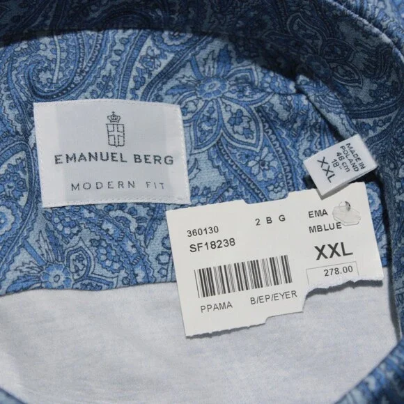 Emanuel Berg NWOT Casual Button Down Shirt Size 46 18 XXL in Blue Paisley Print